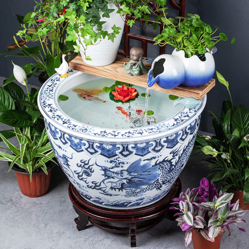 景德镇青花手绘陶瓷大缸客厅睡莲荷花缸水缸阳台庭院古法养金鱼缸