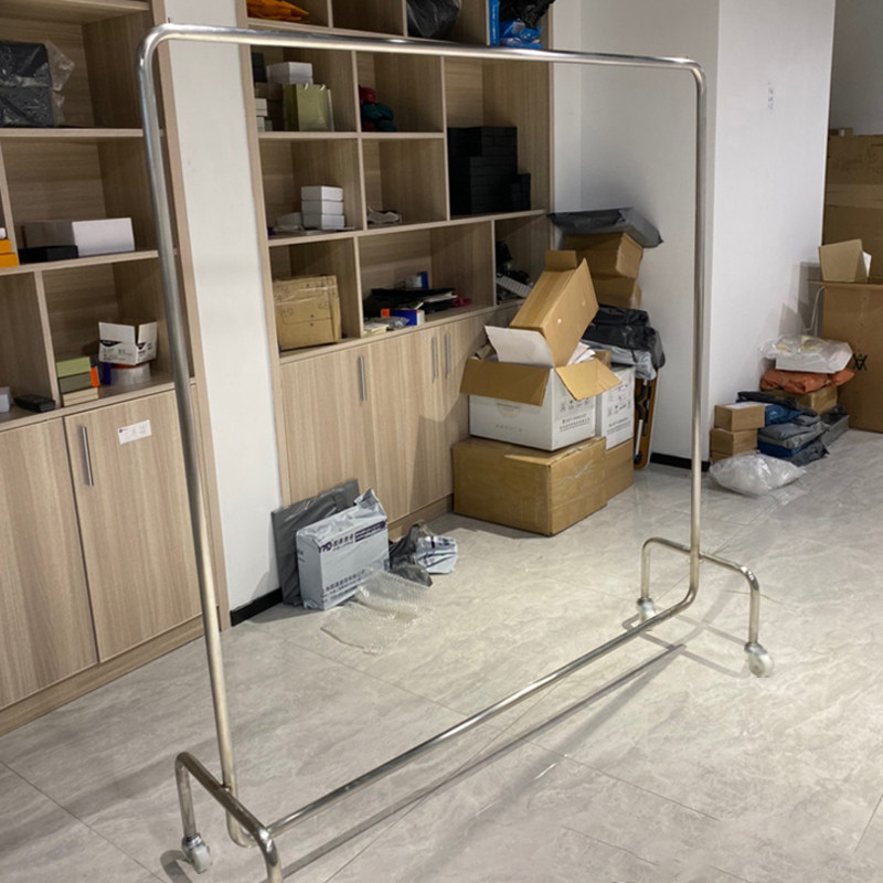 服装店挂衣架不锈钢银色中岛落地式陈列架女装店货架展示架带滑轮