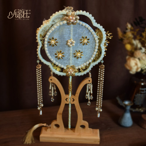 原创手作结婚蓝色秀禾喜扇婚礼出嫁手工婚庆扇新娘团扇成品扇送礼