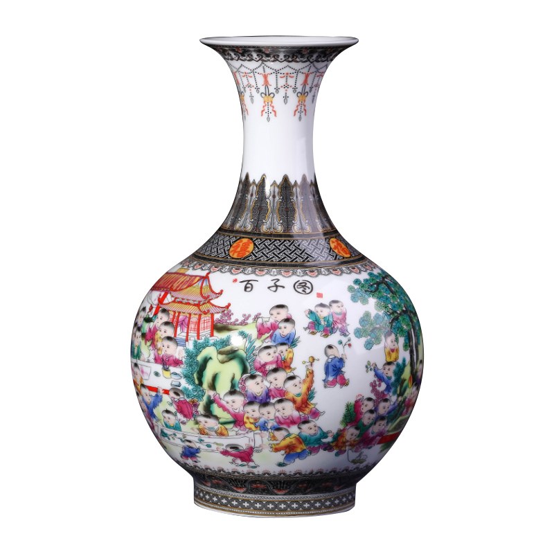 景德镇陶瓷器花瓶摆件客厅插花百子图薄胎瓷瓶中式家居装饰工艺品