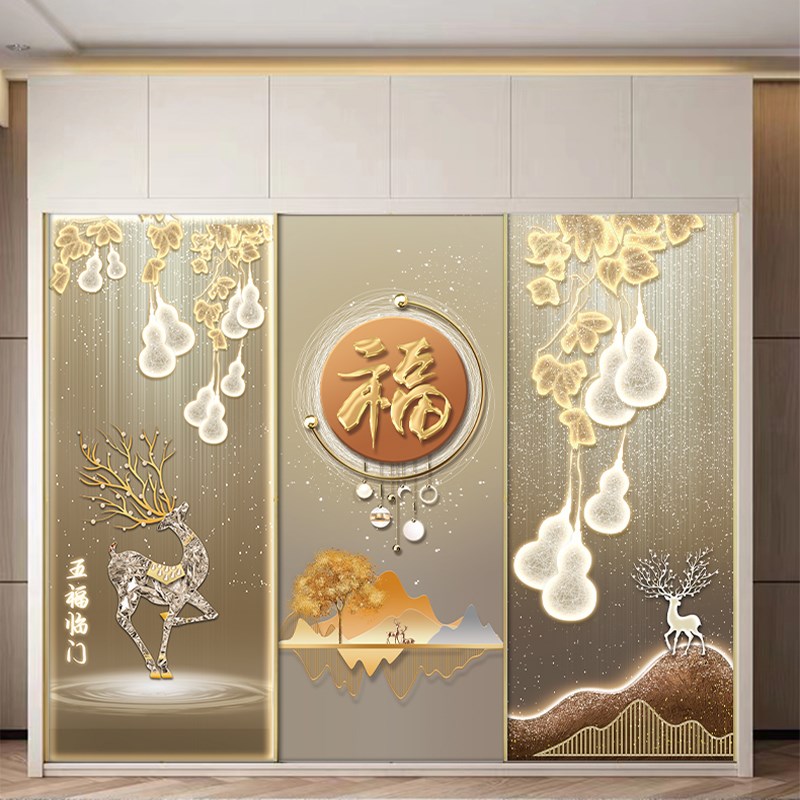 门贴纸木门翻新自粘整张防火门中式幸运鹿福字卧室入户门装饰贴画