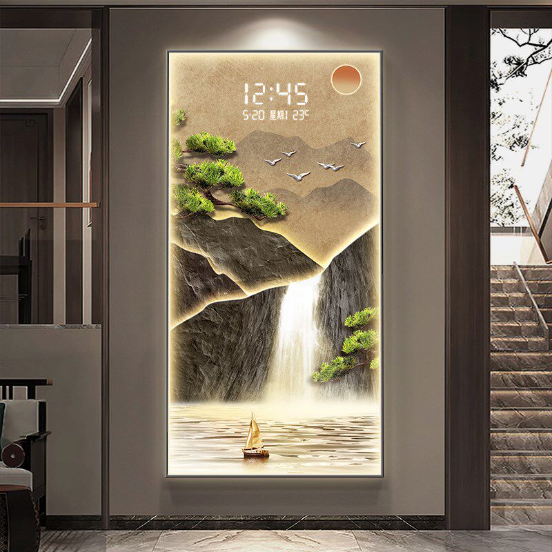 流水生财玄关装饰画电子屏钟表创意时钟壁灯入户走廊尽头山水挂画