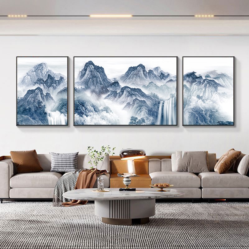 客厅山水画沙发背景墙面挂画国画水墨风格三联晶瓷画中式风景壁画