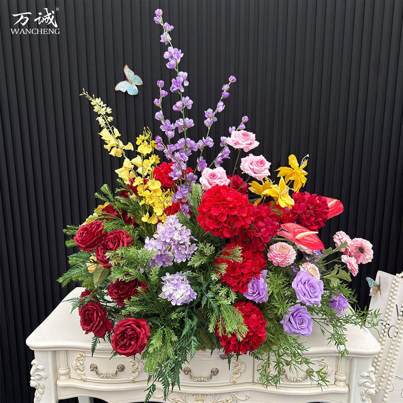 婚庆红色背景挂花新中式婚庆迎宾婚礼引路花订婚结婚仿真花布置