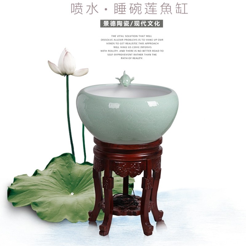 景德镇陶瓷圆形鱼缸循环喷水加湿金鱼缸办公室落地青花缸客厅公司
