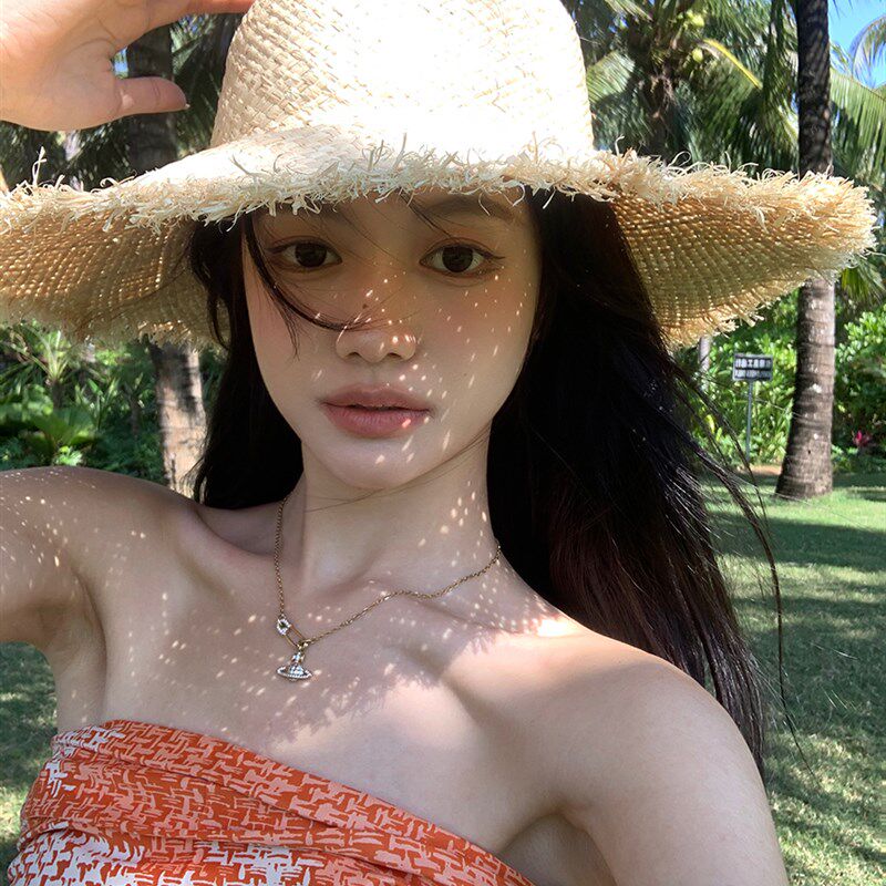 粥可可 拉菲草编织蕾丝飘带圆顶毛边草帽夏季沙滩太阳防晒遮阳帽