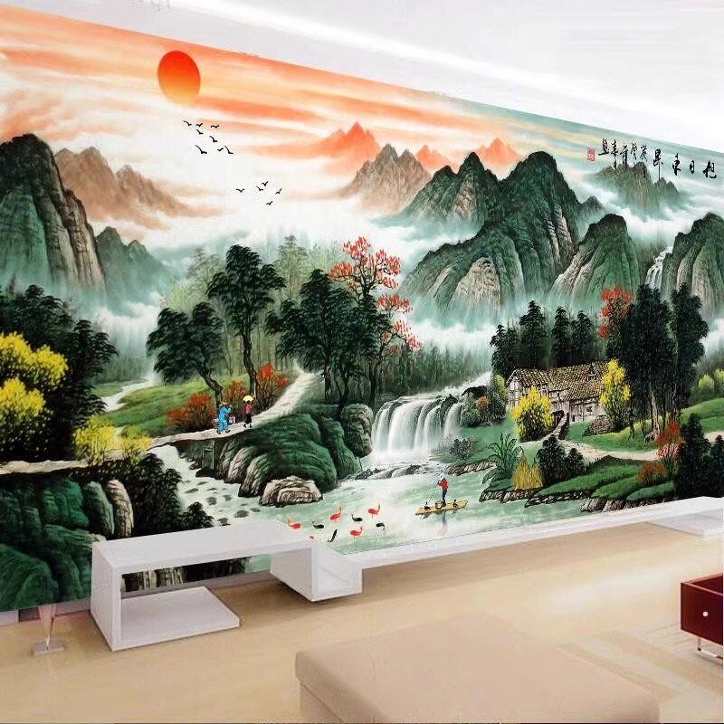 十字绣成品旭日东升流水生财新款大幅客厅山水画人工纯手工绣好的