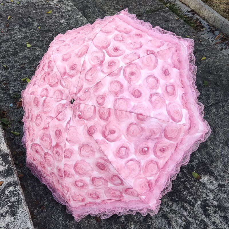 太阳伞粉色立体花朵蕾丝花边黑胶防晒防紫外线三折伞晴雨公主洋伞