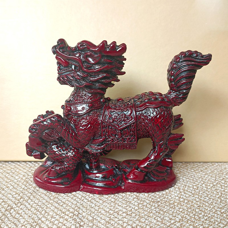 树脂麒麟送子摆件仿红木工艺品火麒麟卧室风水摆设家居饰品一对