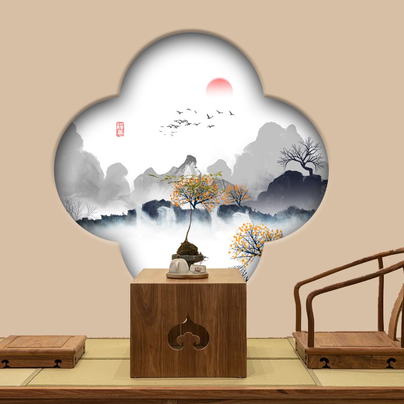 新中式圆形装饰画入户玄关走廊山水画壁画梅花型形状画芯壁纸壁纸