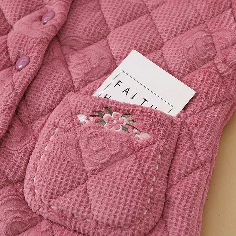 冬季加厚加绒保暖睡衣女士妈妈三层夹棉袄中老年珊瑚绒家居服套装