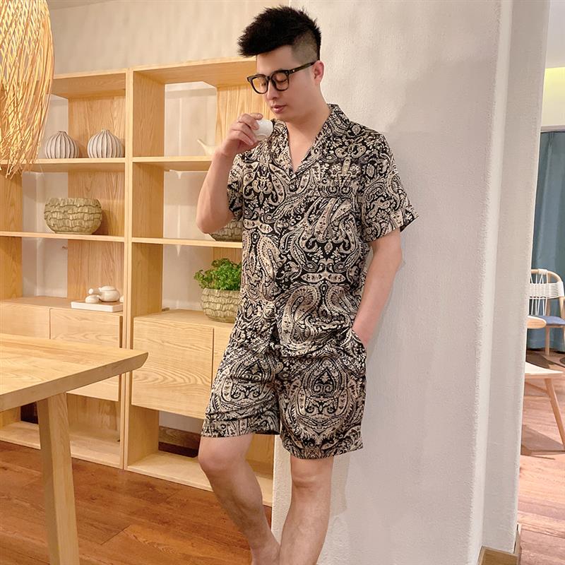 薄款短袖睡衣套装2025秋季清凉休闲大码时尚可外穿家居服两件套男