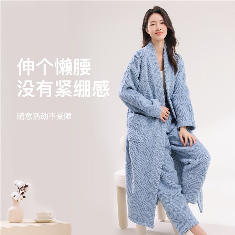 秋冬季睡袍女士珊瑚绒睡衣加长加厚新款浴衣浴袍冬天套装家居服