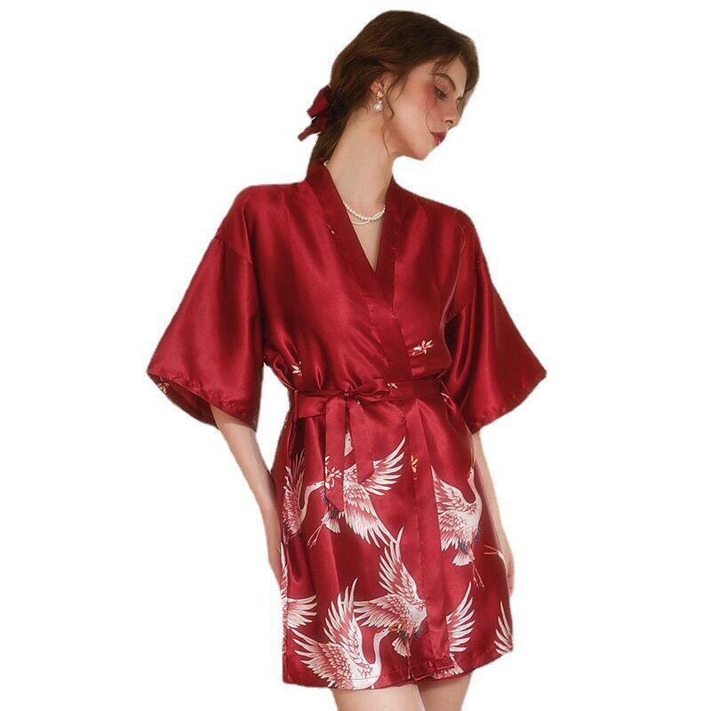 晨袍女新娘结婚婚礼姐妹服伴娘团仙鹤浴袍睡袍高级感长款红色睡衣