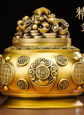 全铜聚宝盆摆件带盖子黄铜聚财工艺礼品摆饰客厅办公室装饰品存钱