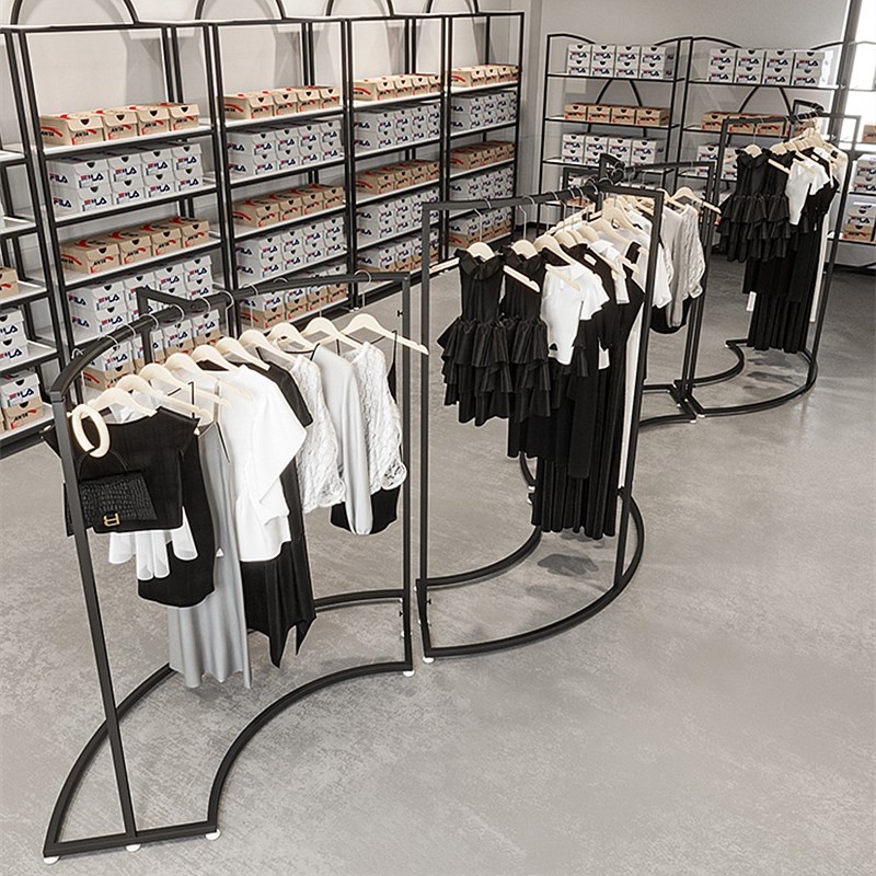 服装店中岛展示架铁艺黑色弧形衣服陈列架组合女装店铺货架挂衣架