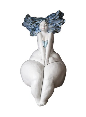 手工抽象人物海边蓝色女孩陶瓷雕塑玄关创意艺术装饰品工艺品摆件