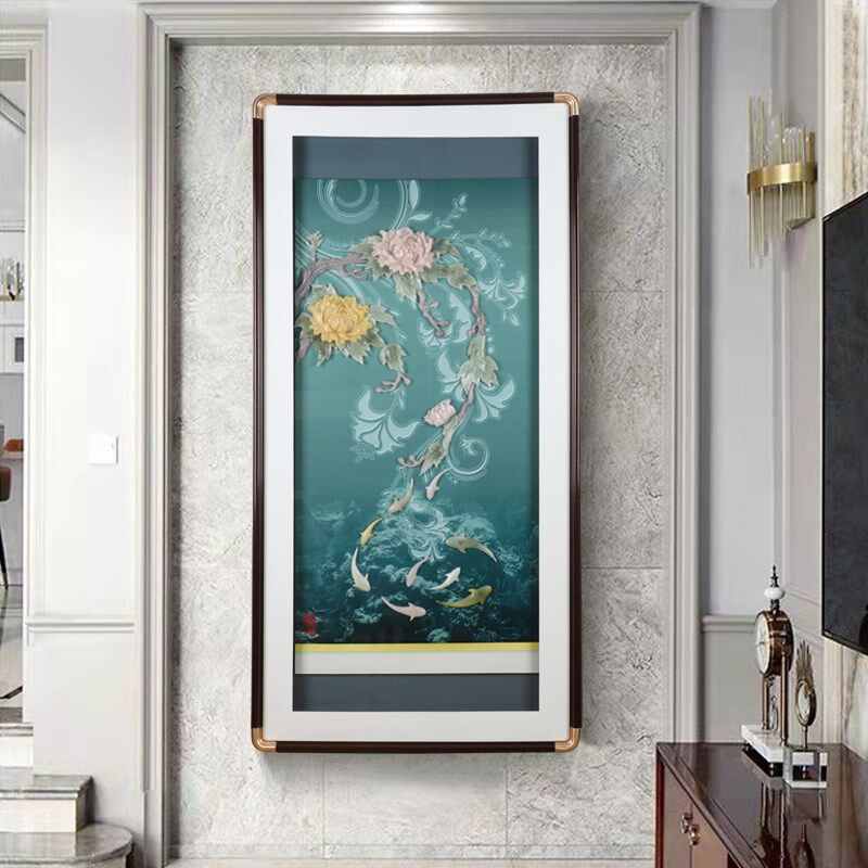 新中式入户玄关装饰画玉雕竖版挂画客厅高档led灯画走廊过九鱼图