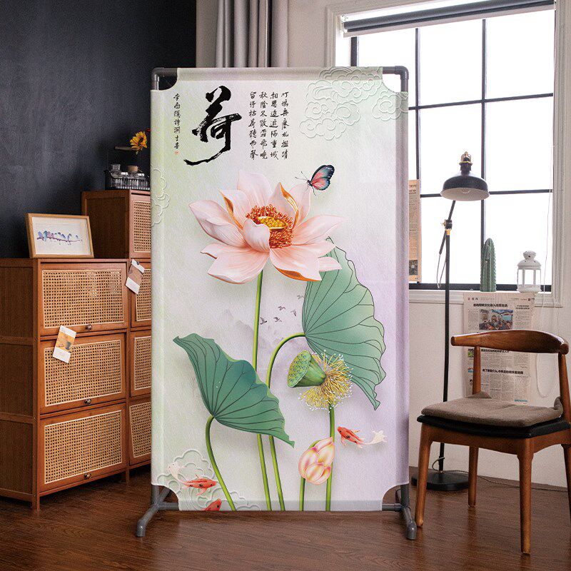 中式屏风办公室茶室隔断客厅卧室雅间可移动座屏荷花装饰画室学校