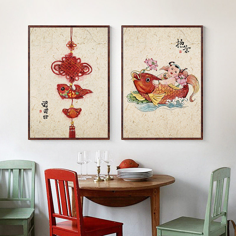 新年春节年画新中式装饰画中国风客厅饭厅背景餐桌中国结娃娃网红