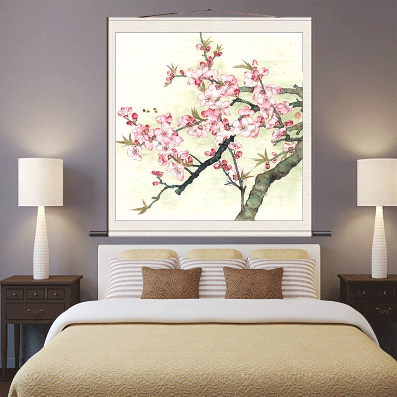 桃花斗方茶楼招财挂画送老外礼品卷轴画春日桃花花鸟字画丝绸挂画