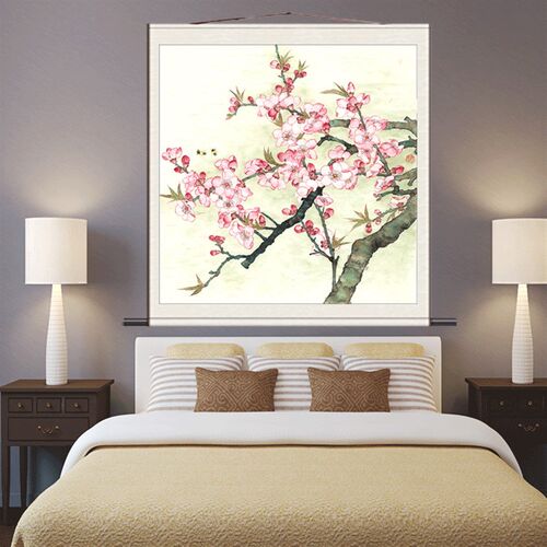 桃花斗方茶楼招财挂画送老外礼品卷轴画春日桃花花鸟字画丝绸挂画