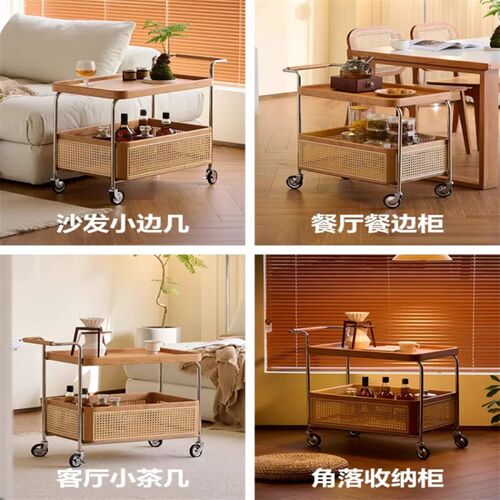 中古风实木边几黑胡桃木收纳小推车边几客厅沙发藤编可移动小茶几