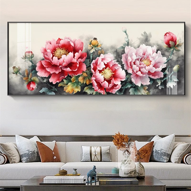 网红花开墙富贵装饰画客厅背沙发景挂画新中式牡丹花大幅横版晶瓷