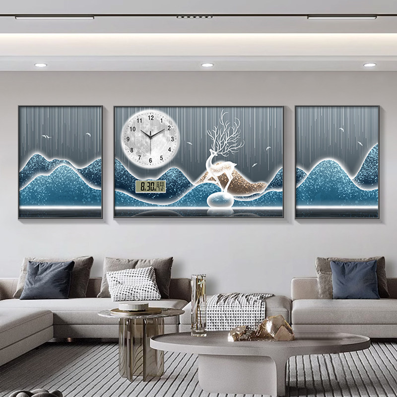 钟表挂钟2023新款客厅装饰画万年历时钟高档沙发背景墙挂画三联画