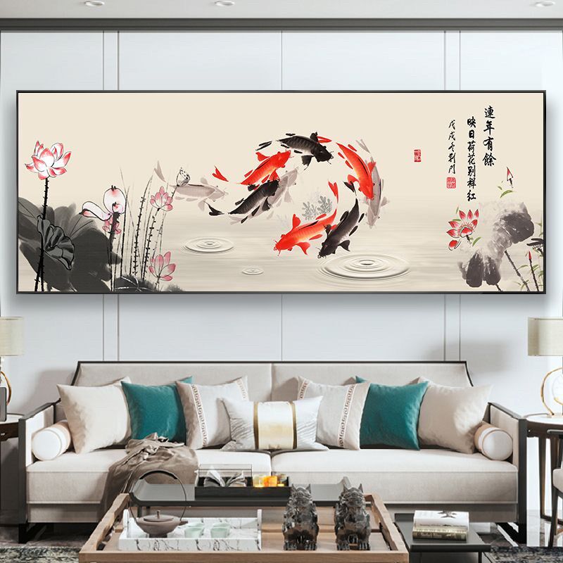 荷花九鱼图挂画客厅沙发背景墙装饰画卧室床头新中式花鸟国画壁画