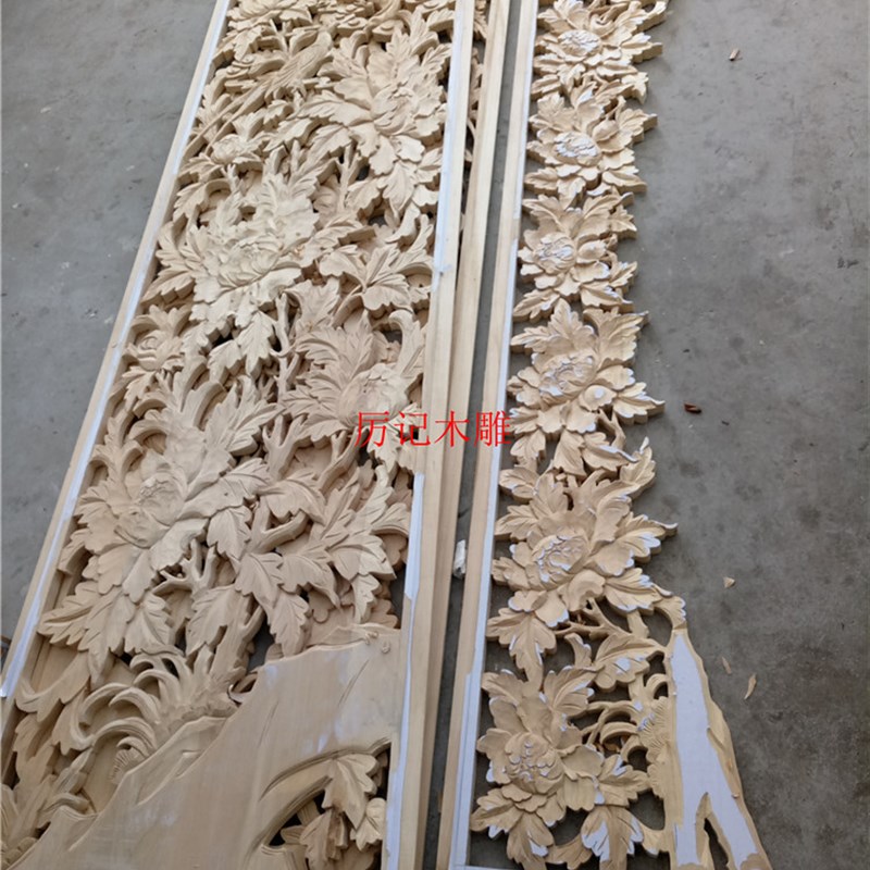 东阳木雕花板中式彷古实木玄关手工雕刻悬吊式天花板背景墙隔断屏