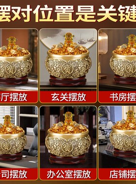 铜聚宝盆摆件实心招聚财米缸纯黄铜中式家居办公室店铺全铜存钱罐