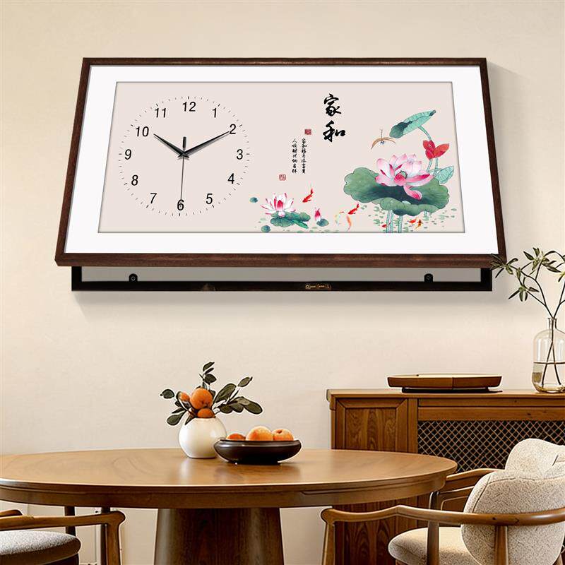 新中式电表箱遮挡装饰画带钟表大尺寸水墨画荷花配电箱总开关挂画