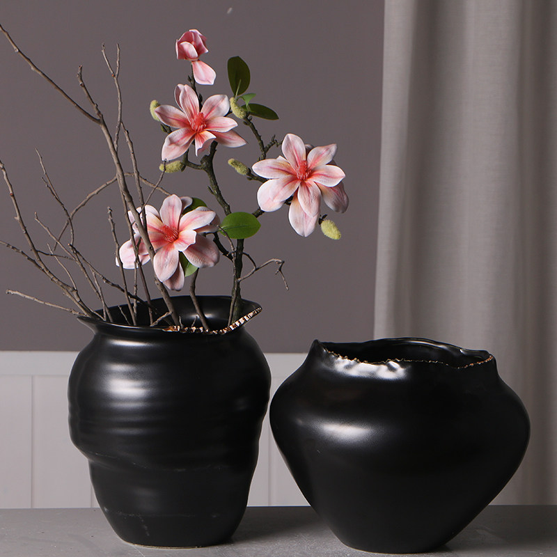 残缺美黑色景德镇陶瓷插花瓶大口径简约客厅中式花盆样板房软装饰