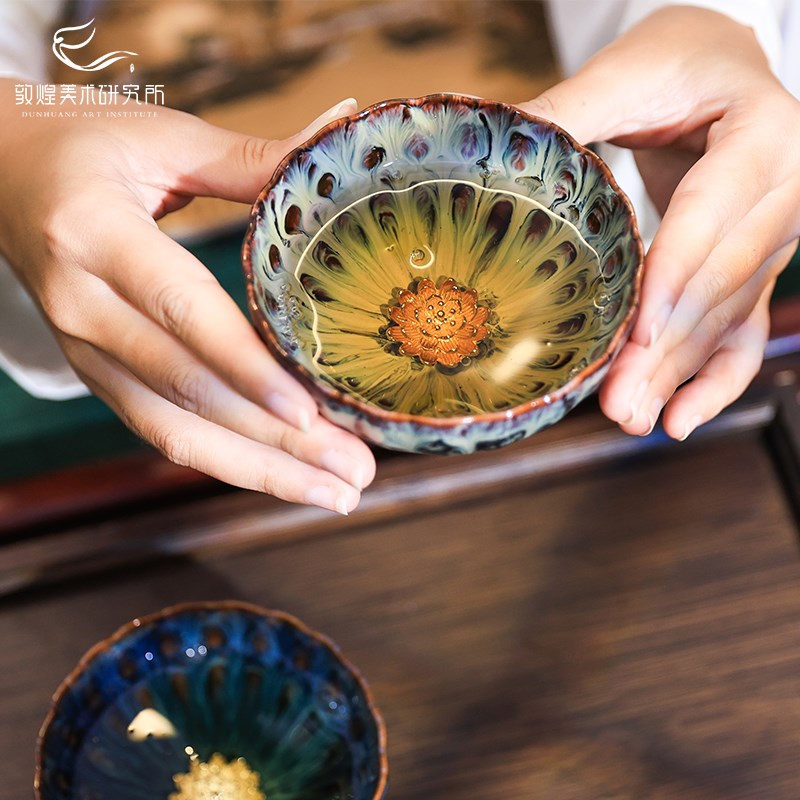 敦煌莲花对杯窑变茶杯建盏茶具套装博物馆文创礼品生日结婚礼物
