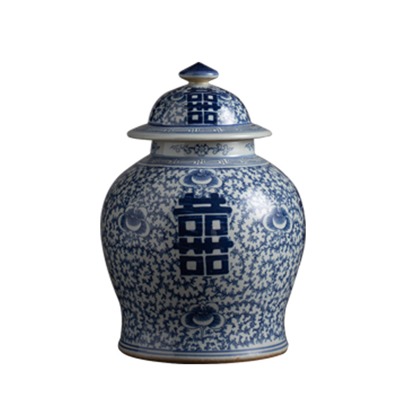 景德镇青花喜字花瓶 家居客厅青花瓷装饰品 插花瓷器中式陶瓷摆件