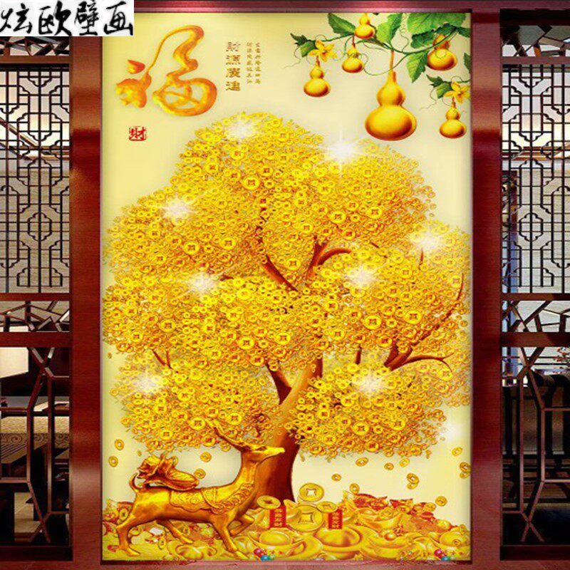 3D立体发财树玄关背景墙壁纸8D墙纸餐厅走廊过道壁画客厅竖版墙布