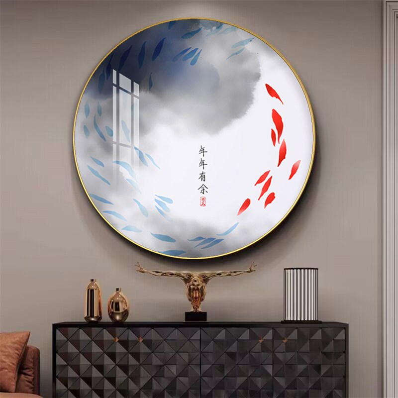 圆形新中式太极鱼八卦鲤鱼装饰画轻奢玄关招财双鱼背景墙挂画防水