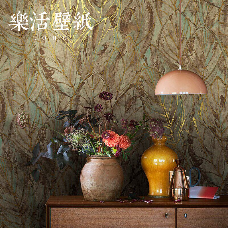 东南亚金色烫金蓝色叶子树叶无纺布墙纸复古法式卧室客厅背景壁纸