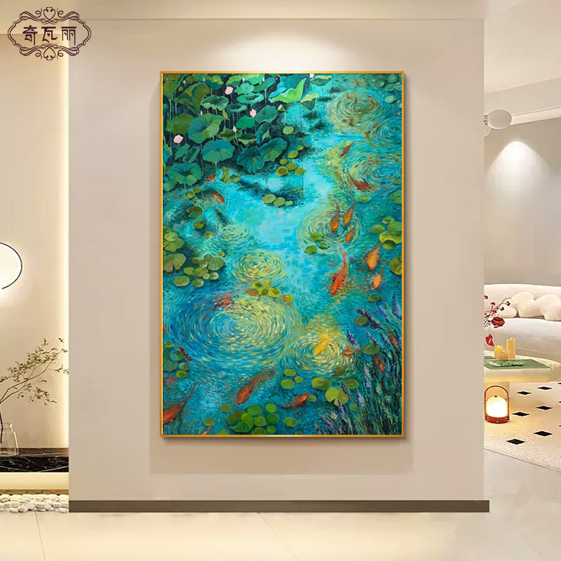 荷塘月色入户玄关装饰画高级感客厅沙发背景墙挂画大芬村手绘油画