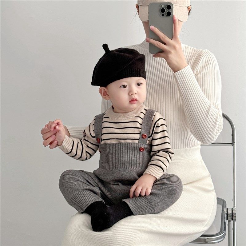 新生婴儿衣服春秋冬男女宝宝条纹毛衣针织背带裤两件套装洋气外出