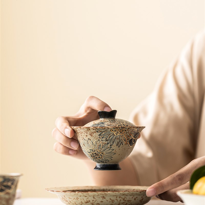 青花火石红花边三才盖碗陶瓷茶杯家用大号单个高档中式古风泡茶碗