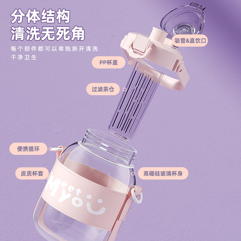 玻璃杯大容量带茶隔大肚杯吸管耐高温可爱高颜值ins水杯女生便携