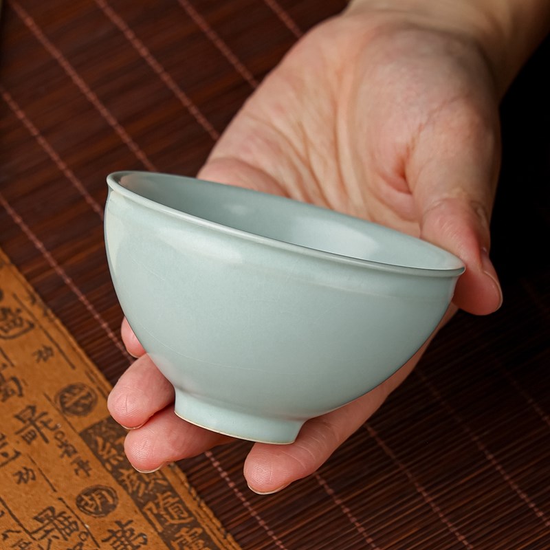 汝窑茶杯主人杯单杯品茗杯陶瓷大号茶具茶杯景德镇束口杯青瓷茶盏