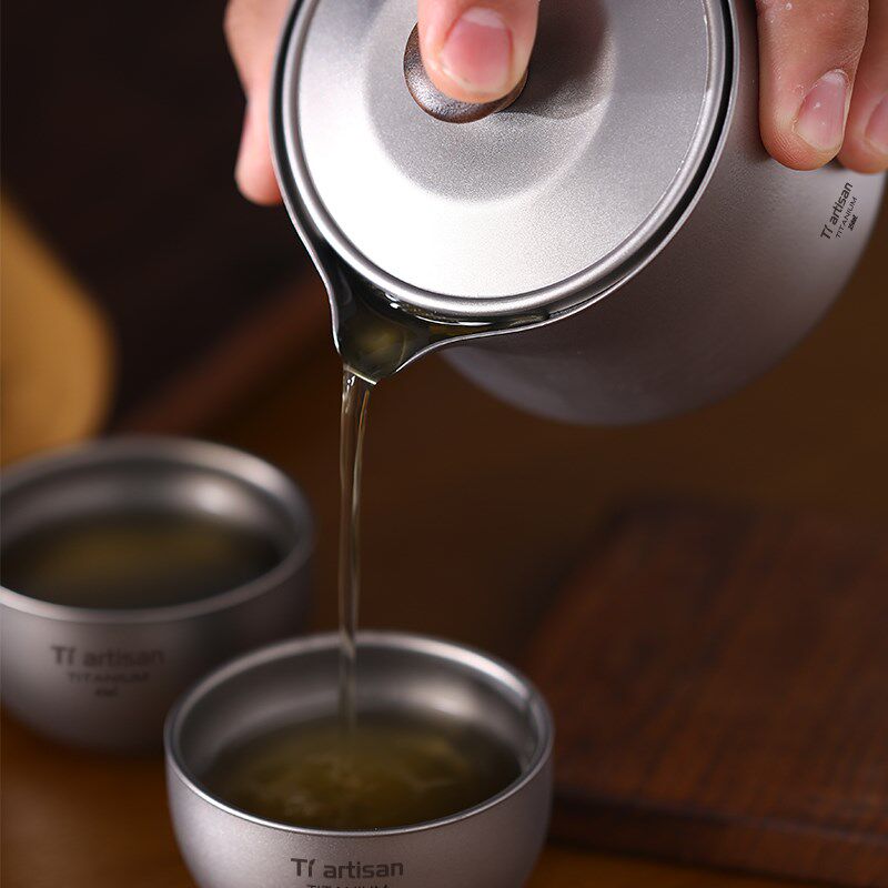 钛工匠便携旅行茶具套装茶杯双层纯钛泡茶器户外露营钛合金泡茶壶