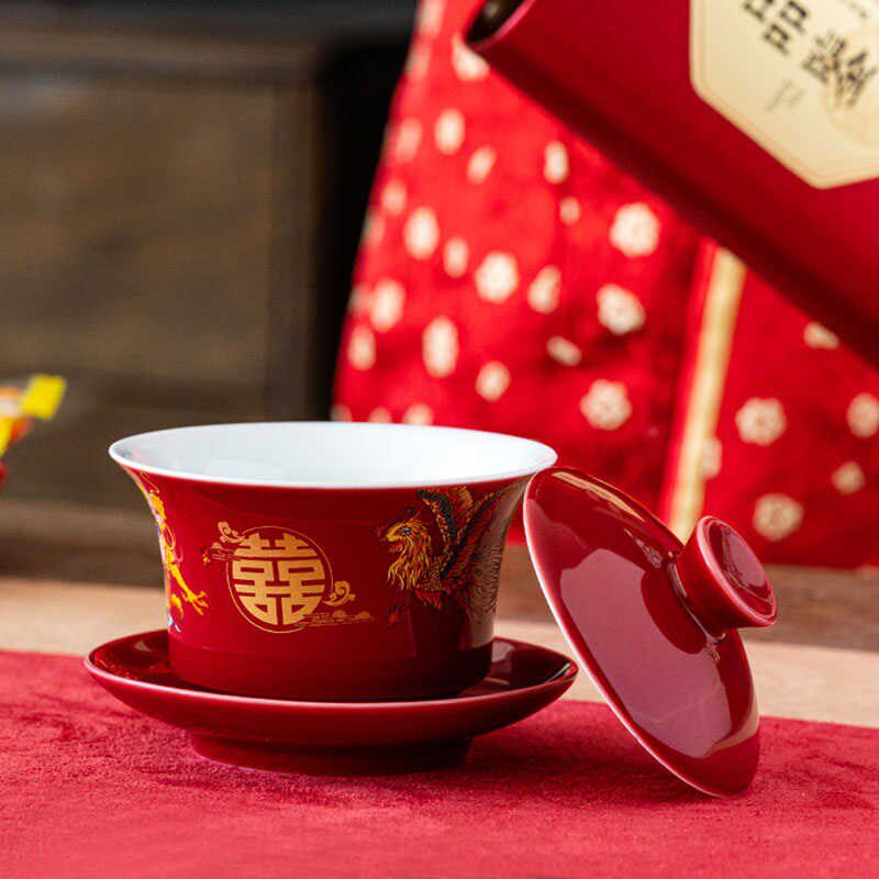 结婚改口敬茶杯喜龙凤一对中式红色婚庆碗筷套装婚礼陪嫁用品大全
