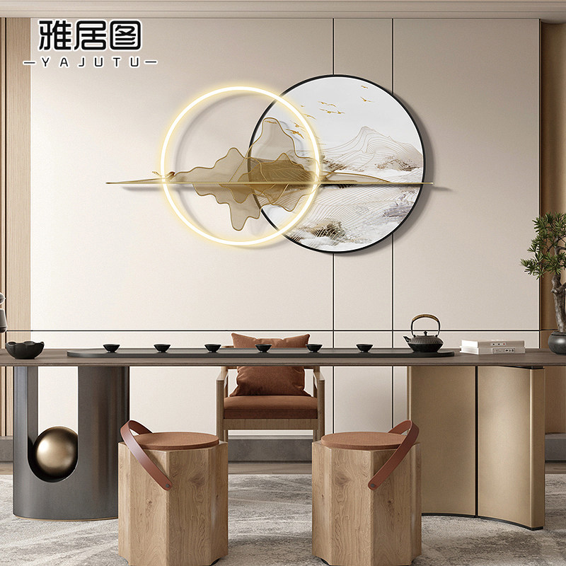 新中式客厅卧室金属铁艺墙面装饰挂饰圆形茶室山水玄关软装壁挂饰