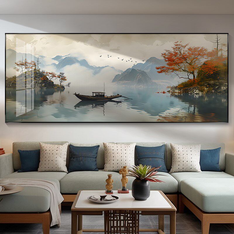 新中式客厅一帆风顺山水挂画 可定制钢化晶瓷装饰画