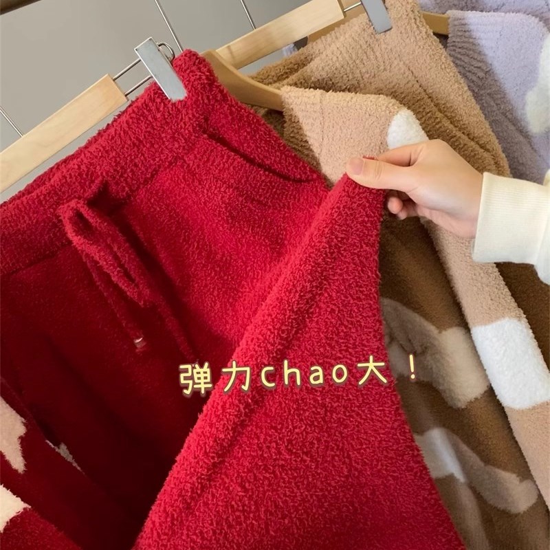 虞shu欣同款!半边绒云朵提花羽毛纱珊瑚绒睡衣睡裤家居服套装女
