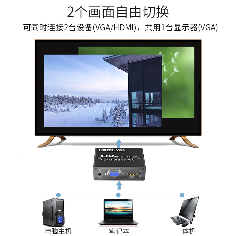HDMI vga切换器二进一出分配带音频转换头转换器笔记本电脑主机监